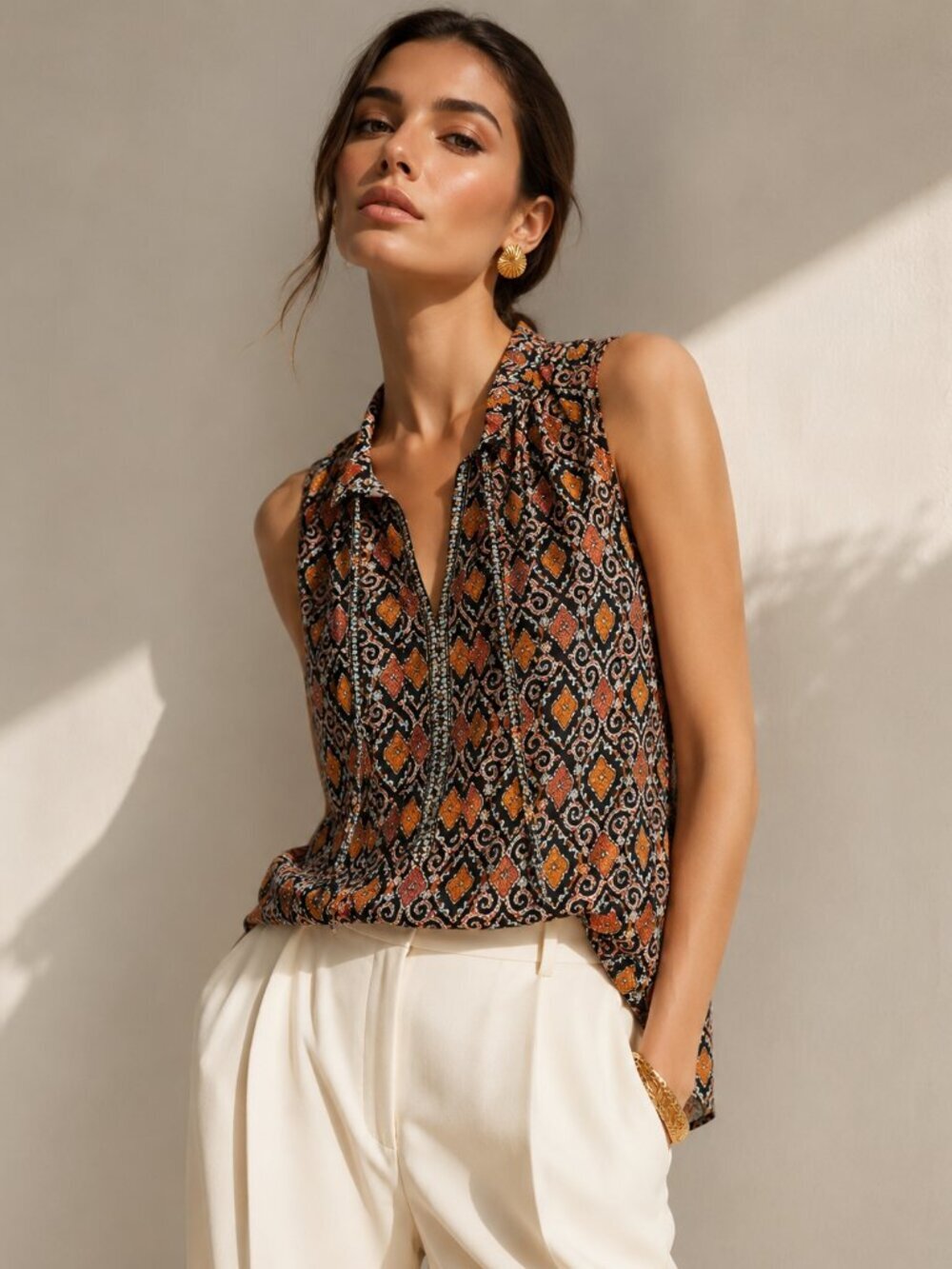 Kobi Halperin Eva Orange & Black Patterned Silk Blouse – Size Small